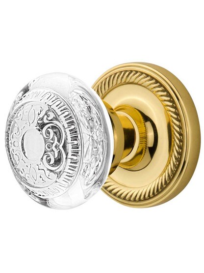 Rope Rosette Door Set with Egg and Dart Crystal-Glass Knobs in Polished Brass.